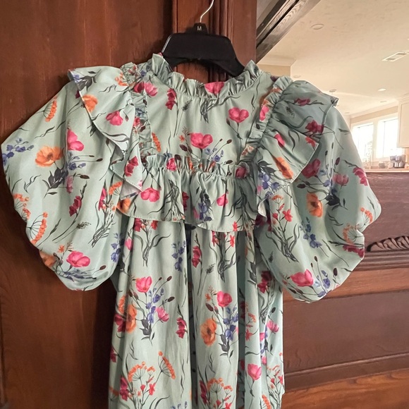 Floral Ruffle Dress in Mint with Pink & Orange Flowers - Picture 4 of 4